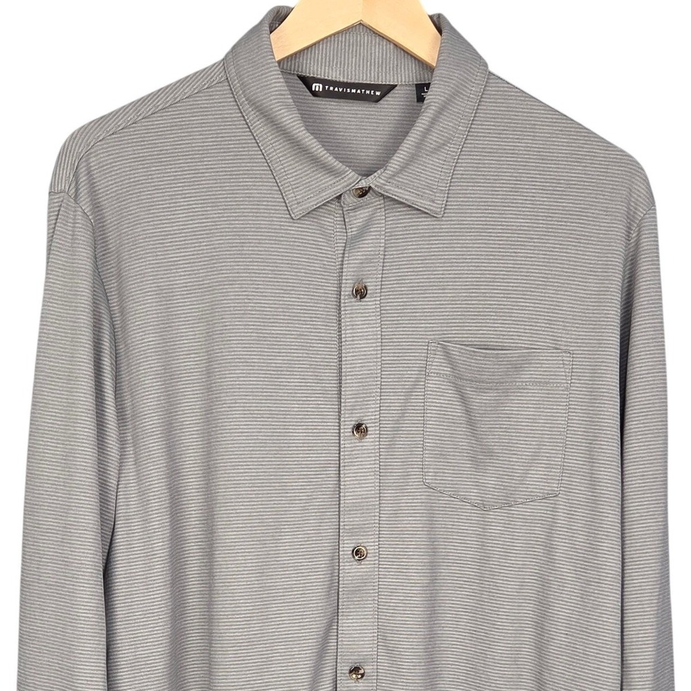 Travis Mathew Button Up Shirt Mens Large Gray Micro Stripe Long Sleeve Stretch